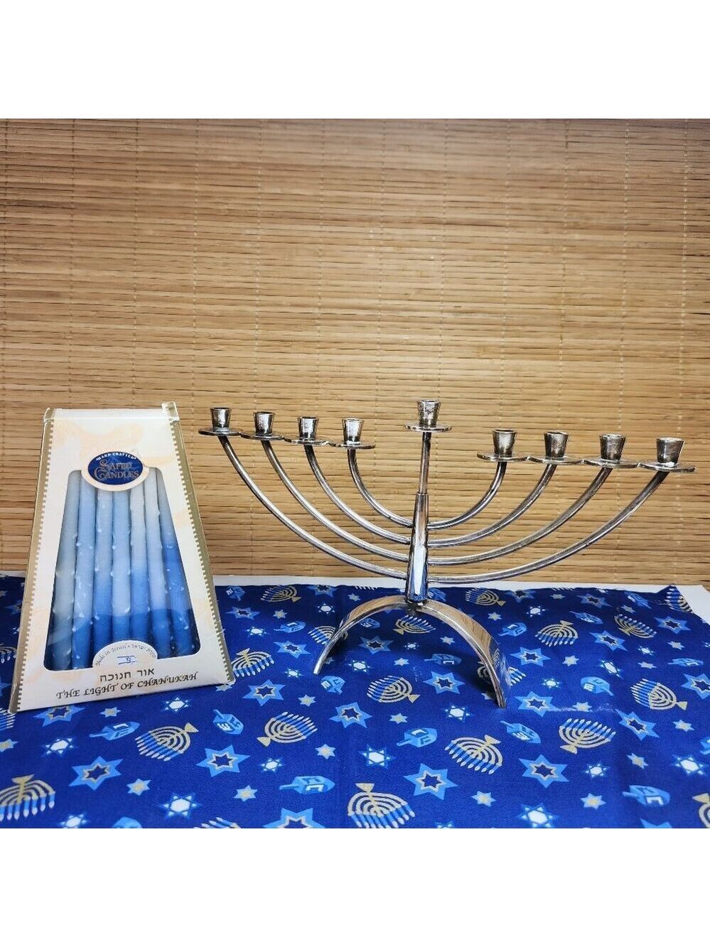 Hannukah Menorah Silver Plated Candles & Dreidel, Star of David Cloth  Hadany